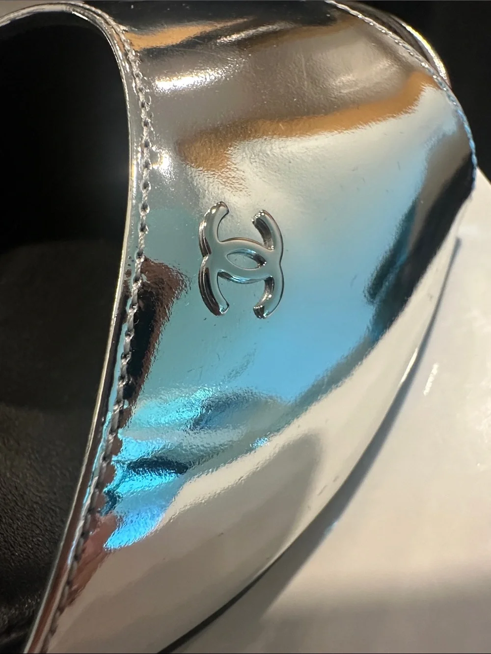CHANEL Silver high shine mirror like effect Open-yToe Slingback Heels